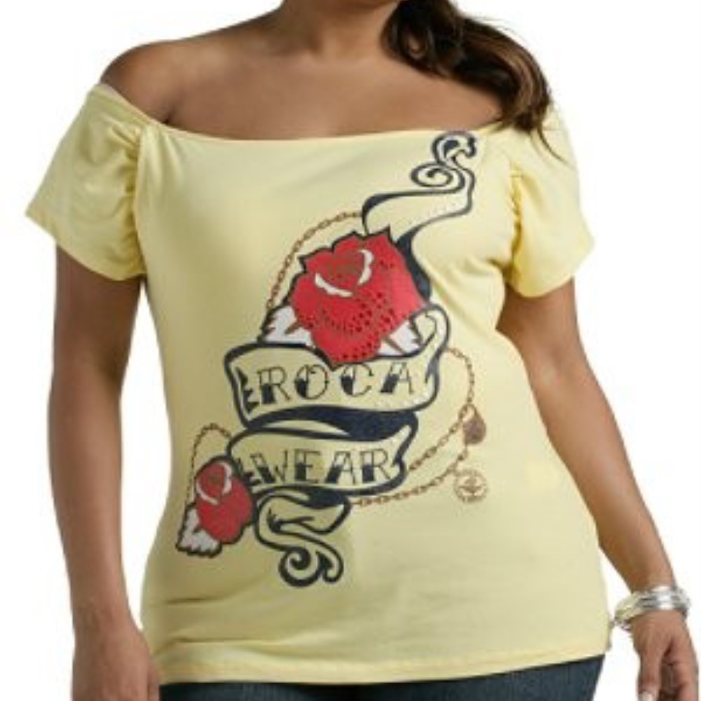 NWT Yellow Rocawear Logo Off shoulder Rose Print Shirt Top Short  M